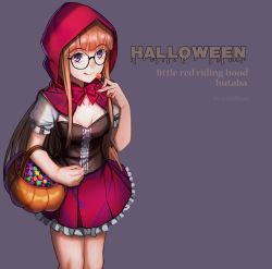 Rule 34 | 1girl, basket, black-framed eyewear, blunt bangs, breasts, brown hair, candy, character name, cleavage, closed mouth, cosplay, food, frilled skirt, frills, glasses, halloween, halloween costume, highres, holding, holding basket, holding candy, holding food, holding lollipop, hood, hood up, little red riding hood, little red riding hood (grimm), little red riding hood (grimm) (cosplay), lollipop, long hair, miniskirt, persona, persona 5, pleated skirt, purple background, purple eyes, red hood, red skirt, sakura futaba, short sleeves, simple background, skirt, small breasts, smile, solo, standing, tongue, tongue out, twitter username, very long hair, yaoto