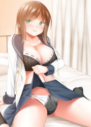 Rule 34 | bed, black bra, black socks, blush, bow, bow panties, bra, breasts, brown hair, cleavage, clothes lift, collarbone, curtains, green eyes, highres, indoors, lace, lace-trimmed bra, lace-trimmed panties, lace trim, large breasts, lifted by self, narukami ginryuu, navel, open clothes, open mouth, open shirt, original, panties, pleated skirt, ribbon, school uniform, shirt, sitting, skirt, skirt lift, smile, socks, solo, underwear, wariza, white shirt, yellow ribbon