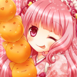 Rule 34 | 1girl, ;p, close-up, gulico (otoca d&#039;or), gulico (otoca doll), hairband, japanese clothes, kimono, long hair, mashiro (pixiv10823726), one eye closed, otoca d&#039;or, pink background, pink eyes, pink hair, pink theme, smile, solo, tongue, tongue out, yukata
