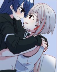 Rule 34 | 2girls, black choker, black jacket, blue eyes, blue hair, blurry, blush, choker, clothes lift, depth of field, eye contact, face-to-face, from side, girl on top, grey hair, hair down, hand under clothes, hands on another&#039;s back, highres, jacket, kanduki kamibukuro, blue background, link! like! love live!, long hair, long sleeves, looking at another, love live!, multicolored hair, multiple girls, murano sayaka, nose blush, noses touching, open mouth, parted lips, raised eyebrows, red eyes, red hair, short hair, straddling, streaked hair, tank top, upright straddle, white tank top, yugiri tsuzuri, yuri
