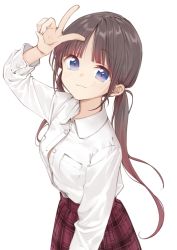 Rule 34 | 1girl, blue eyes, brown hair, button gap, closed mouth, commentary, cowboy shot, hand up, highres, light blush, light smile, long hair, long sleeves, looking at viewer, maigoyaki, original, plaid, plaid skirt, red skirt, school uniform, shirt, shirt tucked in, simple background, skirt, solo, twintails, v, white background, white shirt