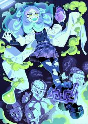 Rule 34 | 1girl, arms up, black footwear, black sleeves, blue hair, blue skin, boots, brain, buttons, chain, coat, colored skin, donuttypd, dots, floating, floating hair, ghost, ghost girl, glasses, green eyes, hands up, heart, heart (organ), highres, holding, holding heart, holes, indoors, lab coat, laughing, leggings, light, long sleeves, looking down, multicolored hair, necktie, open mouth, original, paisley (donuttypd), pale skin, pants, plaid, plaid skirt, pleated skirt, purple hair, purple necktie, purple skirt, round eyewear, school uniform, sharp teeth, skirt, skull, smile, teeth, upper teeth only, white coat