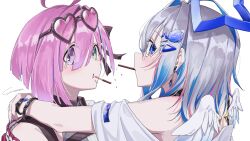 Rule 34 | 2girls, absurdres, ahoge, amane kanata, angel, angel wings, arms around neck, blue hair, blue nails, blush, food, food in mouth, green eyes, grey hair, hair ornament, hairpin, halo, heart, heart-shaped pupils, heterochromia, highres, himemori luna, himemori luna (streetwear), hololive, hug, looking at viewer, medium hair, multicolored hair, multiple girls, nail polish, official alternate costume, pink hair, pocky, pocky in mouth, pocky kiss, purple eyes, shared food, shirt, short hair, star halo, streaked hair, symbol-shaped pupils, virtual youtuber, white background, white shirt, wings, yo na, yuri