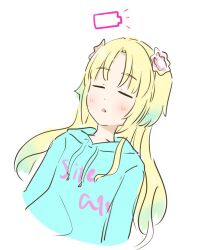 Rule 34 | 1girl, battery indicator, blonde hair, blue hair, blue hoodie, blush, closed eyes, collarbone, commentary request, cropped torso, flower, gradient hair, hair flower, hair ornament, hood, hoodie, light blue hair, link! like! love live!, long hair, love live!, lying, multicolored hair, official alternate costume, on back, open mouth, osawa rurino, parted bangs, pink flower, simple background, sleeping, solo, tazaki masanobu, twintails, upper body, virtual youtuber, white background, white flower