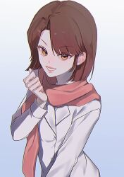 Rule 34 | 1girl, blush, bob cut, brown eyes, brown hair, buttons, coat, commentary request, grin, highres, kaiji, korean commentary, lips, long sleeves, looking at viewer, medium bangs, pink scarf, sakazaki mikoko, scarf, short hair, siho is alien, smile, solo, swept bangs, upper body, white coat