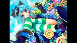 Rule 34 | animal ears, aqua eyes, aqua hair, artist request, bad id, bad pixiv id, blue eyes, blue hair, blue sky, bow, candy, cat ears, detached sleeves, dress, food, hat, hatsune miku, holding, holding candy, holding food, lollipop, pillarboxed, sky, socks, striped clothes, striped socks, vocaloid