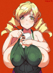 Rule 34 | 1girl, areola slip, bare shoulders, blonde hair, blush, breasts, closed mouth, drill hair, highres, huge breasts, keigi, long hair, looking at viewer, mahou shoujo madoka magica, mahou shoujo madoka magica (anime), meme, red background, sideboob, solo, tagme, tomoe mami, upper body, yellow eyes