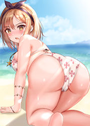 Rule 34 | 1girl, akuakuran, all fours, armlet, ass, atelier (series), atelier ryza, atelier ryza 1, beach, bikini, blush, breasts, brown eyes, brown hair, from behind, hair ornament, hairband, hairclip, highres, jewelry, large breasts, looking back, necklace, ocean, open mouth, print bikini, reisalin stout, sand, short hair, sky, solo, sunlight, swimsuit, white bikini