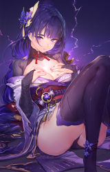 Rule 34 | 1girl, absurdres, akasaai, black thighhighs, blush, breasts, bridal gauntlets, cleavage, commentary request, electricity, fingernails, genshin impact, gradient background, hand over heart, hands on own chest, highres, japanese clothes, long hair, looking at viewer, medium breasts, mole, mole under eye, nail polish, obi, pink nails, purple background, purple eyes, purple hair, raiden shogun, red neckwear, red ribbon, ribbon, sash, sitting, solo, thighhighs, thighs