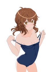 Rule 34 | 1girl, absurdres, bare arms, bare shoulders, blue one-piece swimsuit, breasts, brown eyes, brown hair, cleavage, closed mouth, clothes pull, collarbone, covered navel, cowboy shot, dungeon ni deai wo motomeru no wa machigatteiru darou ka, female focus, hair between eyes, highres, liliruca arde, long hair, looking at viewer, one-piece swimsuit, one-piece swimsuit pull, papiyon (papiyon 2726), pulled by self, school swimsuit, shiny skin, simple background, small breasts, smile, solo, standing, straight hair, swimsuit, white background