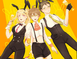 Rule 34 | 1girl, 2boys, :d, ahoge, akamatsu kaede, alcohol, alternate costume, animal ears, black gloves, black jacket, black nails, black neckwear, black shorts, black vest, blonde hair, blush, bow, bowtie, breasts, brown hair, buttons, cup, danganronpa: trigger happy havoc, danganronpa (series), danganronpa 2: goodbye despair, danganronpa v3: killing harmony, double-breasted, drinking glass, fortissimo, gloves, green neckwear, hair ornament, hand up, highres, hinata hajime, jacket, kirari (kirari hn01), large breasts, long hair, long sleeves, midriff, multiple boys, musical note, musical note hair ornament, naegi makoto, nail polish, navel, necktie, open mouth, orange neckwear, pink eyes, pink neckwear, rabbit ears, short hair, shorts, smile, stomach, striped bow, striped bowtie, striped clothes, suspenders, sweatdrop, teeth, upper teeth only, vest, wrist cuffs, yellow background, yellow eyes