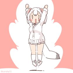 Rule 34 | 1girl, animal ears, arms up, cardigan, coroha, extra ears, full body, jumping, kemono friends, looking at viewer, pink background, shirt, shoes, short hair, simple background, skirt, socks, solo, stoat (kemono friends), tail, weasel ears, weasel girl, weasel tail, white hair