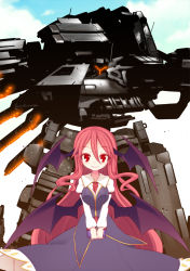 Rule 34 | 1girl, :&gt;, armored core, bat wings, book, breasts, cloud, collared shirt, colored eyelashes, eyelashes, frills, head wings, highres, holding, holding book, koakuma, kuresento, large breasts, long hair, looking at viewer, low wings, mecha, necktie, red eyes, red hair, robot, shirt, size difference, skirt, skirt set, sky, smile, solo, touhou, v arms, very long hair, vest, wings