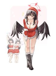 Rule 34 | +++, 3girls, between breasts, black footwear, black hair, black wings, blue archive, blunt bangs, boots, breasts, candy, candy cane, cleavage, closed eyes, collarbone, dress, english text, flying sweatdrops, food, full body, garu (garuillust), gloves, hair ornament, hairclip, halo, high heel boots, high heels, highres, ichika (blue archive), justice task force member (blue archive), large breasts, long hair, long sleeves, multiple girls, red halo, santa dress, sidelocks, smile, solo focus, standing, white background, white gloves, wings