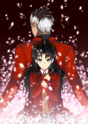 Rule 34 | 1boy, 1girl, absurdres, archer (fate), back-to-back, black hair, black ribbon, blue eyes, brown shirt, ccjn, dress shirt, fate/stay night, fate (series), hair ribbon, highres, holding, holding jewelry, holding necklace, jacket, jewelry, looking at viewer, neck ribbon, necklace, red jacket, red ribbon, ribbon, shirt, short hair, silver hair, standing, tattoo, tohsaka rin, two side up, upper body, very short hair