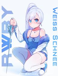 Rule 34 | 1girl, artist name, blue eyes, breasts, earrings, highres, holding, holding sword, holding weapon, jewelry, looking at viewer, rwby, sachiko shirayuki, scar, scar across eye, scar on face, shoes, side ponytail, solo, squatting, sword, tagme, thighhighs, weapon, weiss schnee, white hair, white thighhighs