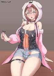 Rule 34 | 1girl, animal hood, animal penis, black choker, black shirt, blush, breasts, brown eyes, brown hair, choker, cleavage, controller, cum, cum on body, cum on breasts, cum on self, cum on upper body, denim, denim shorts, dog hood, dog penis, ejaculation, erection, futanari, hair between eyes, handsfree ejaculation, heart, heart-shaped pupils, hololive, hood, hood up, inugami korone, inugami korone (loungewear), jacket, knotted penis, large breasts, long sleeves, looking at viewer, merulu ilum, o-ring, o-ring choker, o-ring thigh strap, open clothes, open jacket, penis, pink jacket, projectile cum, remote control, remote control vibrator, sex toy, shirt, shorts, simple background, sitting, solo, symbol-shaped pupils, t-shirt, tearing up, thigh strap, thighs, torn clothes, torn shorts, uncensored, vibrator, virtual youtuber, wireless sex toy controller