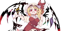 Rule 34 | 1girl, blonde hair, breasts, crystal, flandre scarlet, hat, hat ribbon, highres, holding, laevatein, looking at viewer, massakasama, medium hair, mob cap, open mouth, puffy short sleeves, puffy sleeves, red eyes, red ribbon, red skirt, red vest, ribbon, sharp teeth, shirt, short sleeves, simple background, skirt, solo, teeth, touhou, vest, white background, white hat, white shirt, wings