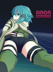 Rule 34 | 10s, 1girl, ass, blue eyes, blue hair, bokunenjin, character name, from behind, from below, green thighhighs, hair ornament, looking back, matching hair/eyes, pouch, scarf, short hair, short shorts, shorts, sinon, solo, sword art online, thighhighs