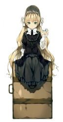 Rule 34 | 1girl, :|, absurdres, black dress, black footwear, blonde hair, blunt bangs, bonnet, buttons, closed mouth, cross-laced clothes, dot nose, dress, expressionless, fingernails, frilled dress, frills, full body, gosick, gothic lolita, green eyes, highres, holding, holding smoking pipe, kantoku, lolita fashion, long hair, long sleeves, looking at viewer, neck ribbon, ribbon, shadow, shoes, simple background, sitting, smoking pipe, solo, source request, suitcase, tsurime, very long hair, victorica de blois, wavy hair, white background, white ribbon