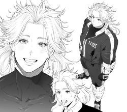 Rule 34 | 1girl, dorohedoro, greyscale, gym uniform, highres, jacket, jewelry, long hair, looking at viewer, monochrome, muscular, muscular female, noi (dorohedoro), pants, park ongjol, simple background, smile, solo, track jacket, track pants, track suit, zipper