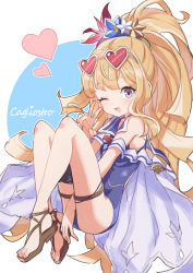 Rule 34 | 1girl, blue one-piece swimsuit, blush, brown footwear, cagliostro (granblue fantasy), cagliostro (summer) (granblue fantasy), character name, eyewear on head, gazacy (dai), granblue fantasy, hair ornament, heart, highres, long hair, one-piece swimsuit, one eye closed, open mouth, ponytail, purple eyes, sailor collar, sandals, simple background, solo, sunglasses, swimsuit, thigh strap, two-tone background, v, very long hair