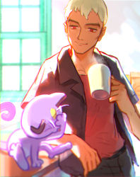 Rule 34 | 1boy, absurdres, belt, black shirt, commentary request, creatures (company), cup, game freak, gen 1 pokemon, highres, holding, holding cup, indoors, male focus, meipu hm, meowth, nanu (pokemon), nintendo, pants, pokemon, pokemon (creature), pokemon sm, red eyes, shirt, short sleeves, smile, white hair
