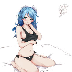 Rule 34 | 1girl, bare legs, barefoot, bed sheet, black panties, blue eyes, blue hair, blush, breasts, character name, closed mouth, collarbone, double bun, hair bun, hat, kantai collection, large breasts, medium hair, navel, panties, rizzl, sailor hat, signature, simple background, sitting, smile, solo, twitter username, underwear, underwear only, urakaze (kancolle), wariza, white background, white hat