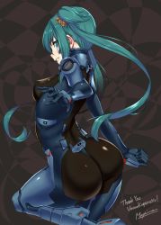 Rule 34 | ass, bell, breasts, clenched hand, commission, covered erect nipples, cui yifei, fortified suit, from behind, green eyes, green hair, hair behind ear, hair bell, hair ornament, highres, looking at viewer, looking back, makishima azusa, medium breasts, muv-luv, muv-luv alternative, muv-luv total eclipse, open hand, pilot suit, signature, skeb commission, skin tight, smile, twintails