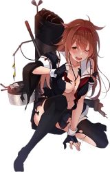 Rule 34 | 1girl, black serafuku, black thighhighs, breasts, brown hair, full body, hair between eyes, hair flaps, hairband, kantai collection, kujou ichiso, long hair, lowres, machinery, neckerchief, official art, orange eyes, red hairband, school uniform, serafuku, shiratsuyu (kancolle), shiratsuyu kai ni (kancolle), solo, thighhighs, torn clothes, torpedo launcher, torpedo tubes, transparent background, turret