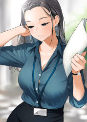 Rule 34 | 1girl, adjusting hair, black skirt, blue eyes, blue shirt, blurry, blurry background, blush, collared shirt, doushimasho, dress shirt, earrings, fanning face, grey hair, hands up, highres, holding, holding paper, indoors, jewelry, lanyard, long hair, long sleeves, looking down, mole, mole under eye, office lady, original, paper, parted lips, pencil skirt, shirt, skirt, solo, watch