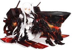 Rule 34 | 10s, 1girl, absurdres, abyssal ship, aircraft carrier princess, annnna, armor, armored boots, black footwear, black legwear, boots, breasts, cleavage, colored skin, full body, highres, kantai collection, large breasts, long hair, looking at viewer, one side up, orange eyes, side ponytail, simple background, sitting, smile, solo, torn clothes, turret, white background, white hair, white skin