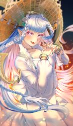 Rule 34 | 1girl, aqua hair, bracelet, braid, breasts, choker, collarbone, curled horns, dress, fate/grand order, fate (series), hair between eyes, hat, horns, jewelry, kac61010, large breasts, larva tiamat (event portrait) (fate), larva tiamat (fate), long hair, long sleeves, looking at viewer, open mouth, pink eyes, pointy ears, sidelocks, smile, solo, straw hat, symbol-shaped pupils, tiamat (fate), very long hair, white dress
