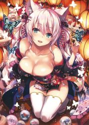 Rule 34 | 1girl, absurdres, animal ears, bare shoulders, blush, breasts, bug, butterfly, cat ears, cleavage, collarbone, fingernails, floral print, from above, highres, insect, japanese clothes, knees together feet apart, large breasts, long hair, looking at viewer, obi, open mouth, original, sandals, sash, scan, smile, solo, thighhighs, tomose shunsaku, white thighhighs