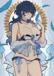 Rule 34 | 1girl, absurdres, alternate costume, aoba tsumugi, blue feathers, blue hair, blush, breasts, closed mouth, earrings, ensemble stars!, feather earrings, feathers, genderswap, genderswap (mtf), glasses, gloves, green eyes, highres, jewelry, large breasts, long hair, looking at object, lummy yummy, mirror, panties, shirt, sketch, smile, solo, underwear, wavy hair, white curtains, white gloves, white panties, white shirt