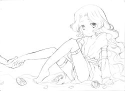 Rule 34 | 00s, 1girl, bad id, bad pixiv id, barefoot, code geass, detached sleeves, ecocube, eka eri, feet, flat chest, flower, greyscale, highres, holding another&#039;s foot, monochrome, nunnally vi britannia, open clothes, open shirt, petals, shirt, sketch, solo focus, thigh strap