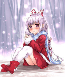 Rule 34 | 1girl, :&lt;, alternate costume, bad id, bad pixiv id, bamboo, bamboo forest, blush, boots, bow, female focus, forest, fujiwara no mokou, hair bow, hair ribbon, jacket, kanda aya, long hair, nature, own hands together, purple eyes, red footwear, ribbon, scarf, shirt, silver hair, sitting, skirt, skirt set, snow, snowing, solo, tears, thighhighs, touhou, white thighhighs, zettai ryouiki
