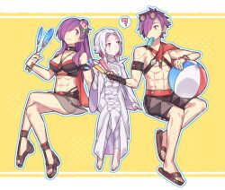 Rule 34 | 1boy, 1girl, 1other, ?, abs, armband, arval (fire emblem), ball, barefoot, beachball, bikini, black bikini, black choker, black male swimwear, black swim trunks, breasts, choker, cleavage, fanning self, fire emblem, fire emblem: three houses, fire emblem heroes, fire emblem warriors: three hopes, flip-flops, flower, food, food in mouth, grey hair, haconeri, hair flower, hair ornament, hair over one eye, hand fan, hibiscus, highres, invisible chair, large breasts, looking at another, male swimwear, medium breasts, muscular, muscular female, muscular male, nintendo, official alternate costume, pale skin, popsicle, popsicle in mouth, purple hair, red trim, sandals, shez (female) (fire emblem), shez (female) (summer) (fire emblem), shez (fire emblem), shez (male) (fire emblem), shez (male) (summer) (fire emblem), sitting, spoken question mark, stomach, swim trunks, swimsuit