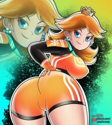 Rule 34 | 1girl, absurdres, artist name, ass, blue eyes, breasts, brown hair, cameltoe, covered erect nipples, fingerless gloves, gloves, hand on own ass, highres, huge ass, large breasts, legs, looking at viewer, looking back, mario (series), mario strikers charged, naughty face, nintendo, princess, princess daisy, seductive smile, short hair, shorts, sideboob, smile, soccer uniform, solo, sportswear, thigh gap, thighs, tomboy