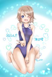 Rule 34 | 1girl, ;), aqua eyes, artist name, artist request, bare legs, bare shoulders, barefoot, blue eyes, blue one-piece swimsuit, blush, breasts, brown hair, collarbone, competition school swimsuit, competition swimsuit, feet, female focus, full body, grey hair, hair between eyes, heart, highres, light brown hair, looking at viewer, love live!, love live! school idol festival, love live! sunshine!!, medium breasts, one-piece swimsuit, one eye closed, school swimsuit, short hair, sitting, smile, solo, squatting, swimsuit, v, watanabe you