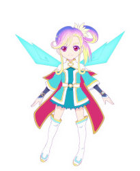 Rule 34 | 1girl, artist request, blonde hair, blue dress, blue wings, boots, cape, closed mouth, dress, fairy, fairy wings, hair rings, karia (tales), looking at viewer, multicolored hair, namco, official art, purple hair, red eyes, short hair, side ponytail, sidelocks, simple background, smile, solo, tales of (series), tales of the rays, thigh boots, thighhighs, white background, white footwear, wings