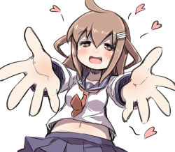 Rule 34 | 1girl, :d, anchor symbol, bad id, bad pixiv id, blue sailor collar, blue skirt, blush, breasts, brown eyes, brown hair, brown neckerchief, collarbone, dutch angle, fang, hair between eyes, hair ornament, hairclip, heart, ikazuchi (kancolle), kantai collection, long hair, long sleeves, looking at viewer, medium breasts, navel, neckerchief, open mouth, outstretched arms, pleated skirt, reaching, reaching towards viewer, sailor collar, school uniform, serafuku, shirt, simple background, skirt, smile, solo, u-non (annon&#039;an), white background, white shirt