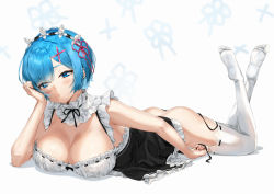 Rule 34 | 1girl, absurdres, ass, black dress, black panties, blue eyes, blue hair, breast rest, breasts, cleavage, commission, detached collar, dress, feet up, frilled dress, frills, full body, hair ornament, half-closed eyes, hand on own cheek, hand on own face, head tilt, highres, large breasts, lying, maid, maid headdress, on stomach, panties, pixel (yuxian), pixiv commission, pout, re:zero kara hajimeru isekai seikatsu, rem (re:zero), short hair, side-tie panties, the pose, thighhighs, thighs, underwear, untied panties, white background, white thighhighs, x hair ornament