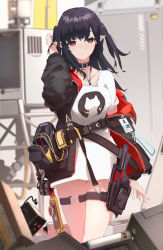 Rule 34 | 1girl, apm1.0, arknights, bad id, bad pixiv id, black choker, black hair, black jacket, breasts, choker, closed mouth, closure (arknights), collarbone, cowboy shot, expressionless, hair between eyes, highres, holding, holding hair, id card, jacket, lanyard, long hair, long sleeves, looking at viewer, open clothes, open jacket, pointy ears, red eyes, shirt, solo, thigh strap, tool belt, white shirt