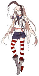 Rule 34 | 10s, 1girl, blonde hair, brown eyes, crop top, crop top overhang, gloves, hairband, kantai collection, long hair, midriff, navel, one eye closed, sailor collar, shimakaze (kancolle), solo, starshadowmagician, striped clothes, striped thighhighs, thighhighs, very long hair