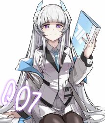 Rule 34 | 1girl, bag001, black pantyhose, blue archive, blue necktie, closed mouth, collared shirt, commentary request, cowboy shot, formal, grey hair, headgear, highres, holding, id card, jacket, long hair, long sleeves, looking at viewer, miniskirt, necktie, noa (blue archive), pantyhose, pleated skirt, purple eyes, shirt, simple background, sitting, skirt, smile, solo, suit, two-sided fabric, two-sided jacket, white background, white jacket, white skirt, white suit