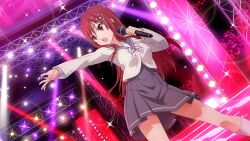 Rule 34 | 1girl, 22/7, 22/7 ongaku no jikan, concert, dutch angle, flower, game cg, glowstick, hair flower, hair ornament, highres, holding, holding microphone, idol, lens flare, long hair, long sleeves, microphone, non-web source, official art, open mouth, outstretched arm, red eyes, red hair, sato reika, school uniform, sidelocks, socks, solo, sparkle, stage lights, straight hair, teeth, upper teeth only, white flower, white socks