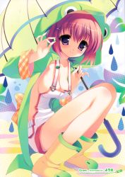 Rule 34 | 1girl, absurdres, boots, breasts, cleavage, highres, naked overalls, no bra, overalls, pink hair, purple eyes, rain, raincoat, rubber boots, sideboob, sitting, solo, umbrella, youta
