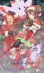 Rule 34 | 2girls, 343rone, ;), artist name, belt, black gloves, boots, brown hair, capelet, christmas, closed mouth, commentary, creatures (company), delibird, double bun, dress, english text, engrish text, eyelashes, fur-trimmed capelet, fur trim, game freak, gen 2 pokemon, gen 4 pokemon, gloves, hair bun, hair ornament, hat, highres, knees, knees together feet apart, long hair, merry christmas, multiple girls, nintendo, official alternate costume, one eye closed, open mouth, pantyhose, pokemon, pokemon (creature), pokemon masters ex, purple eyes, ranguage, red capelet, red footwear, red hair, red headwear, rosa (holiday 2019) (pokemon), rosa (pokemon), santa hat, sidelocks, skyla (holiday 2020) (pokemon), skyla (pokemon), smile, togekiss, twintails, typo, watermark