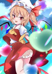 Rule 34 | 1girl, absurdres, ascot, balloon, blonde hair, bloomers, blurry, bow, cloud, collared shirt, crystal, depth of field, dress, fang, flandre scarlet, frilled dress, frills, hat, hat bow, heart balloon, high heels, highres, kyuu cat, looking at viewer, mob cap, one side up, outdoors, puffy short sleeves, puffy sleeves, red bow, red eyes, red skirt, red vest, shirt, short sleeves, skin fang, skirt, skirt set, sky, smile, solo, touhou, underwear, vest, waist bow, white hat, white shirt, wings, yellow ascot, yellow bow